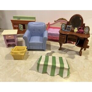 Vtg FISHER PRICE LOVING FAMILY DOLLHOUSE FURNITURE 2004 2006 6 Pcs VGUC Sink Bed